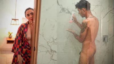 Big ass stepmom ends up fucking her skinny stepson after snooping on him in the shower